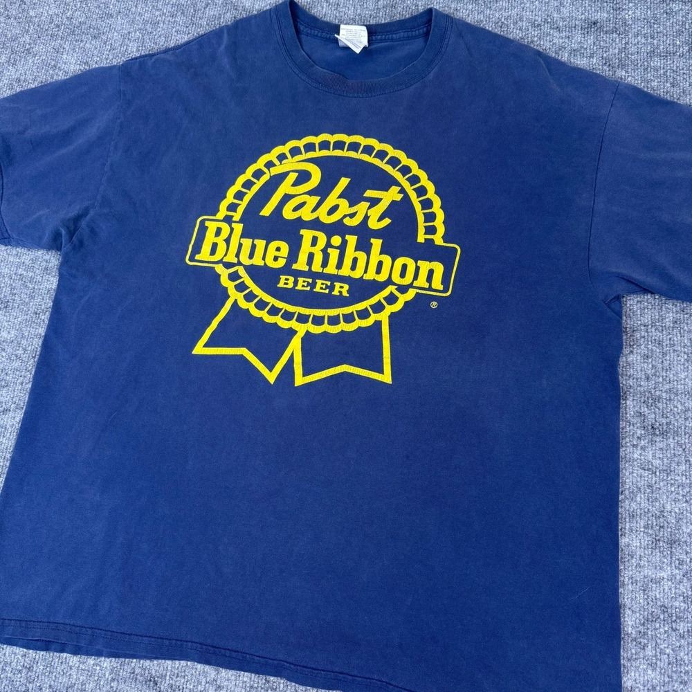 Pabst Blue Ribbon Beer T-Shirt Navy Blue Heavy Cotton‎ Graphic Tee Mens XL